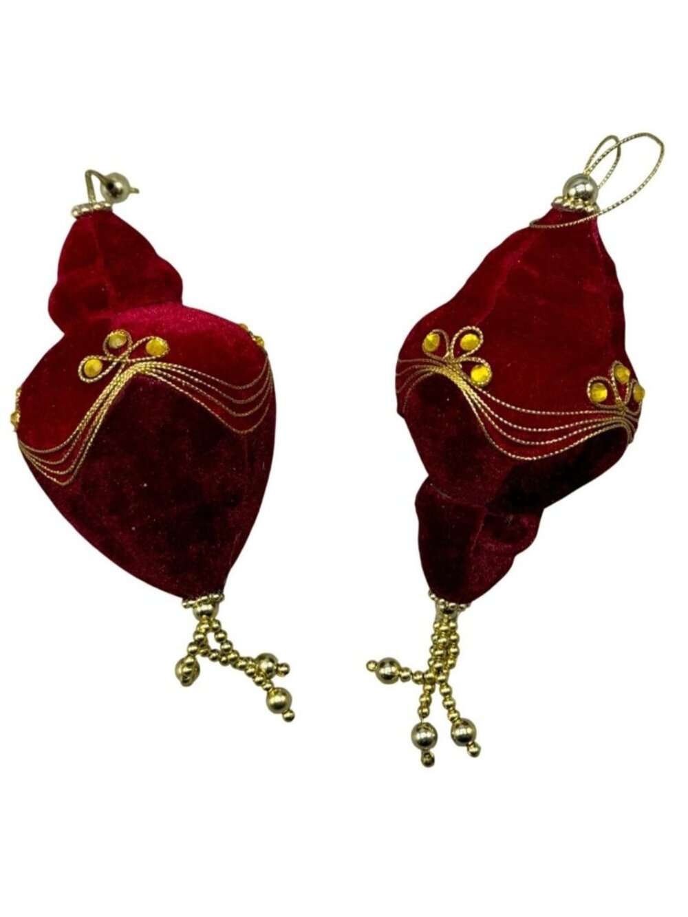 Vintage set 2 artisan beaded red velour Christmas ornaments shiny gold red READ
